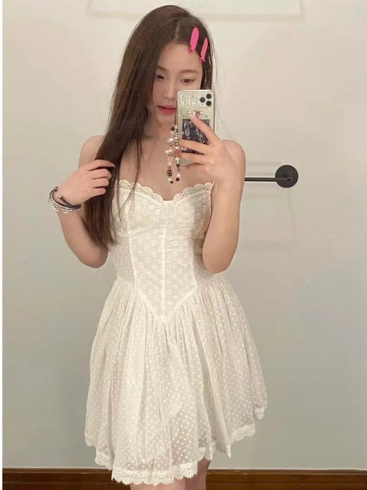 White Lace Trim Bow Mini Dress Women Summer Streetwear Button Sleeveless A-line Short Vestidos Vintage Sweet Elegant Dresses New