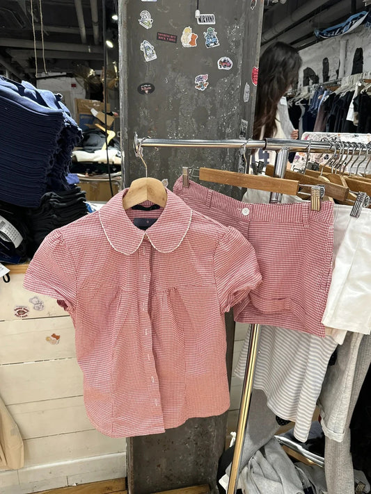 Sweet Pink Plaid Button Shorts Women Summer Cotton Casual Loose Elastic High Waist Short Pants Vintage Preppy Style Sweatshort