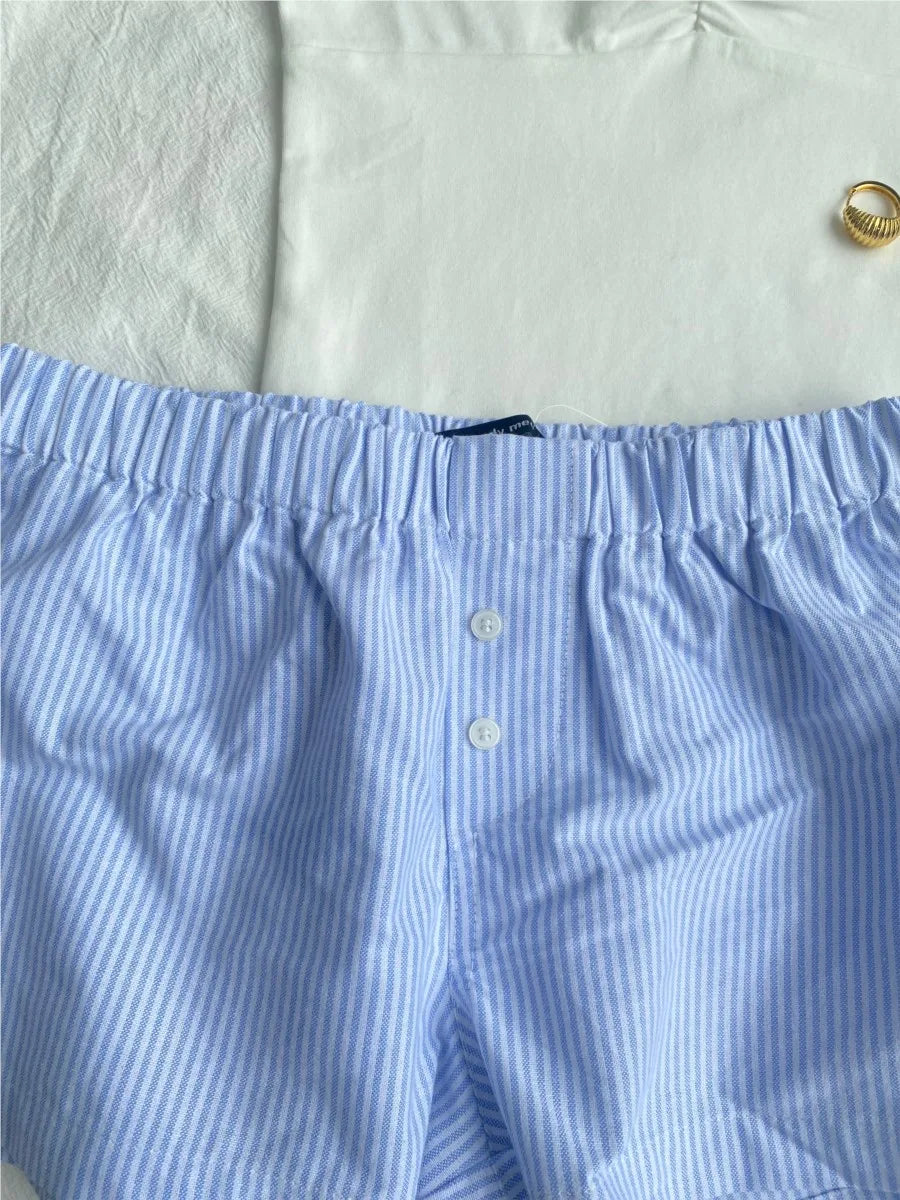 White Lace Trim Short Sleeve Tees+Stripe Shorts Womewn Suit Casual T-shirts Blue Shorts Simple Homewear Outwear Two Piece Outfit