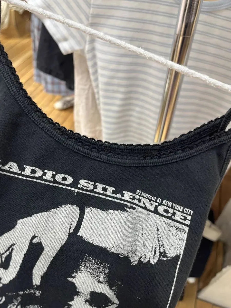 Vintage Radio Print Slim Tank Tops Women Summer New Cotton Casual Lace Trim Sleeveless Vests Harajuku Streetwear Camisole Y2K