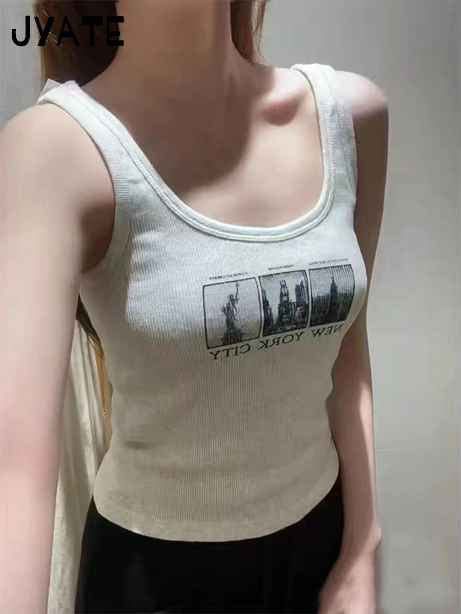 Fashion Letter Print Cotton Ribbed Tank Tops Women Summer New Casual Simple Slim Sleeveless Vest Vintage Chic Sweet Crop Top Y2K