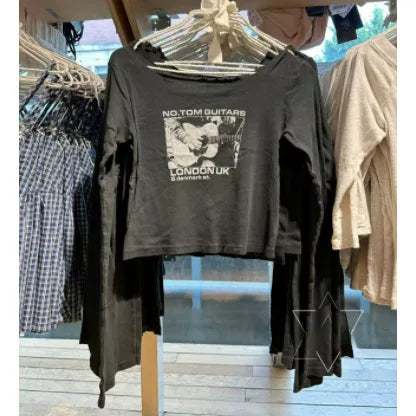 Harajuku Skull Print Long Sleeve Tees Women New Casual Slim Slash Neck Raw Hem Crop Tops Vintage Chic Streetwear T-shirts Y2K