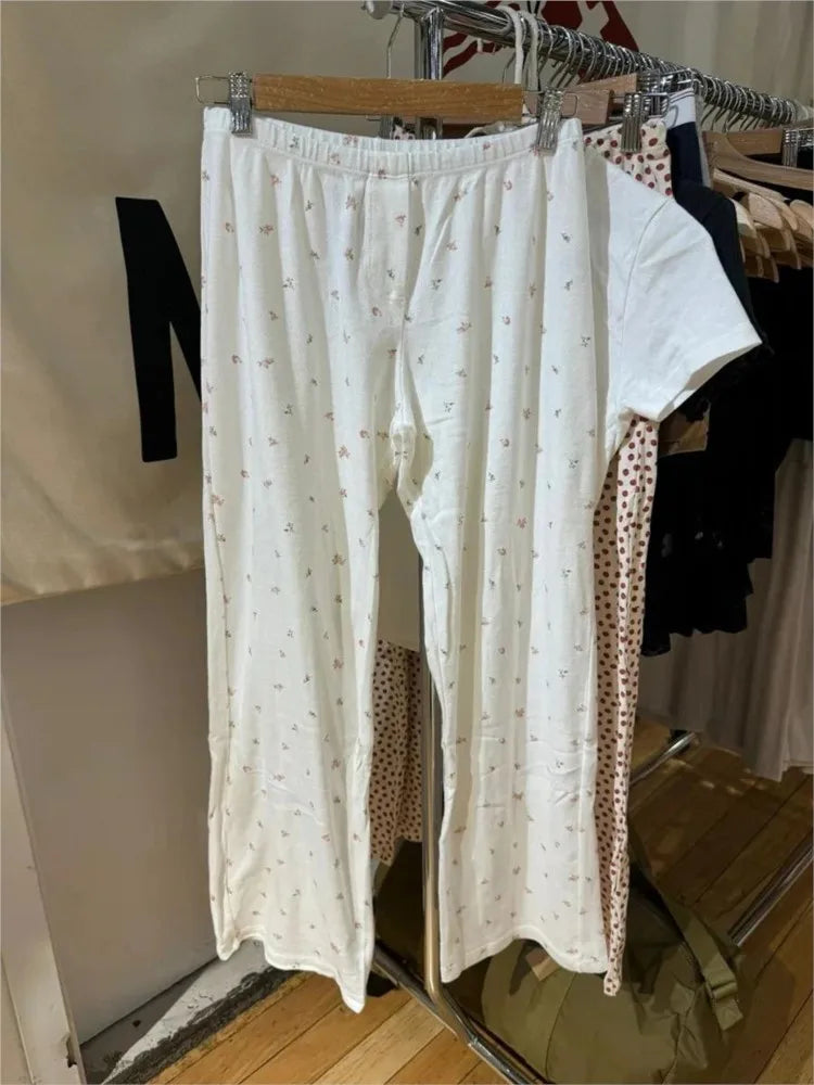 Casual Red Floral Eyelet Straight Sweatpant Women Autumn High Waist Cotton Cute Trousers Vintage Sweet Home Pajama Long Pant Y2K