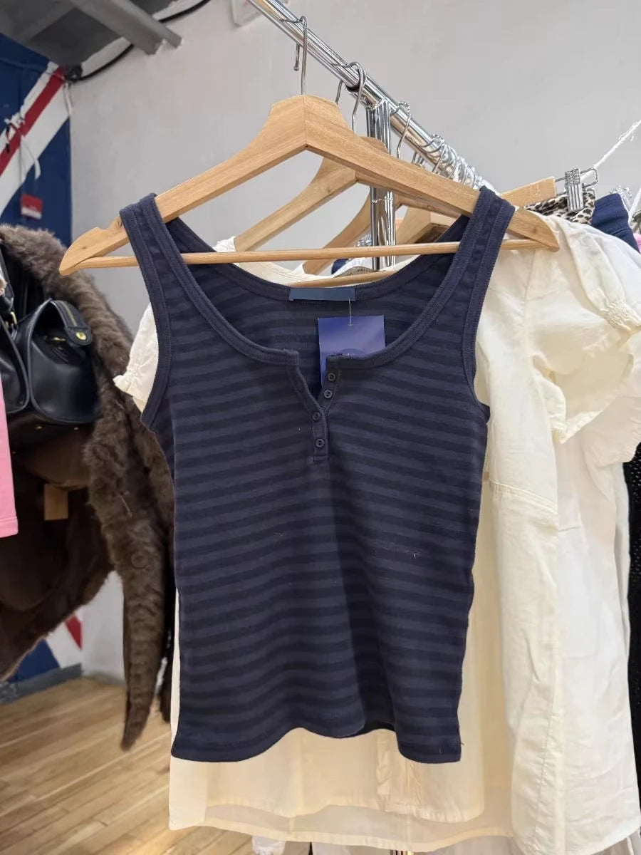 Navy Striped Buttons Tank Tops Women Summer Casual Streetwear Simple Cotton Slim Camisole Female Vintage American Chic Vests Y2K