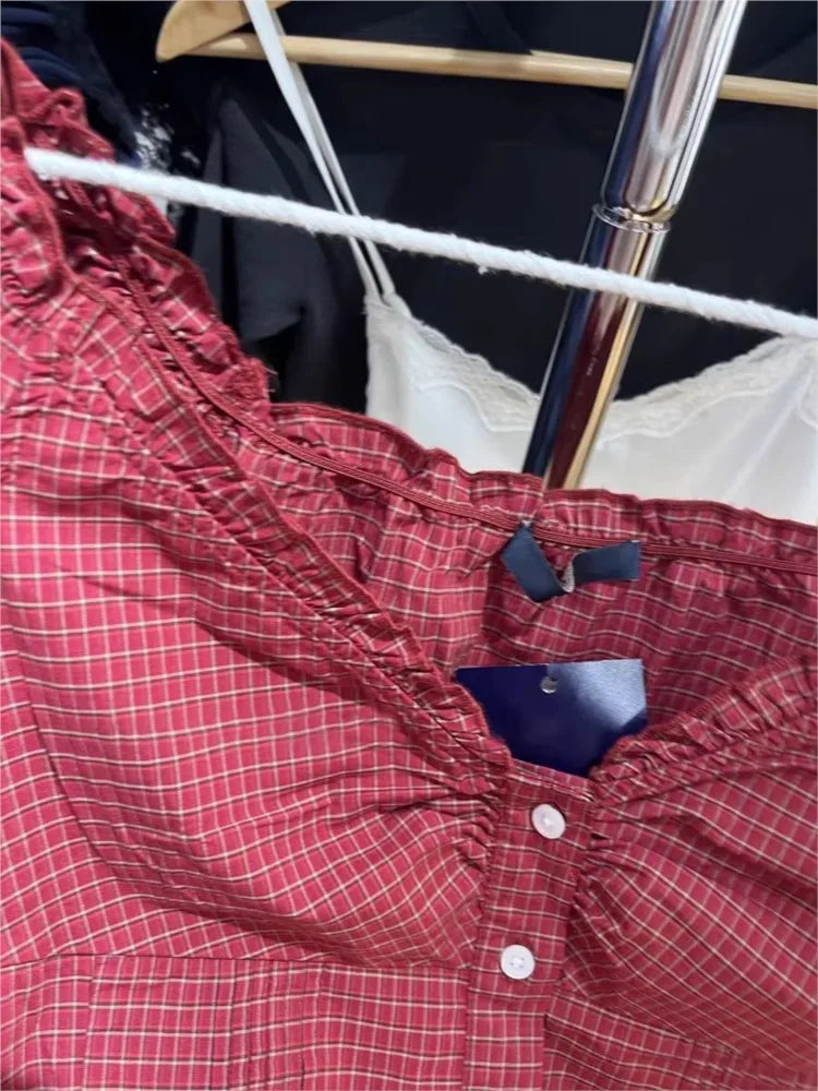 Vintage Red Plaid Folds Blouse Top Women Casual Single Breasted Ruffle Sleeveless Tank Tops Vest Sweet Preppy Style Camisole Y2K