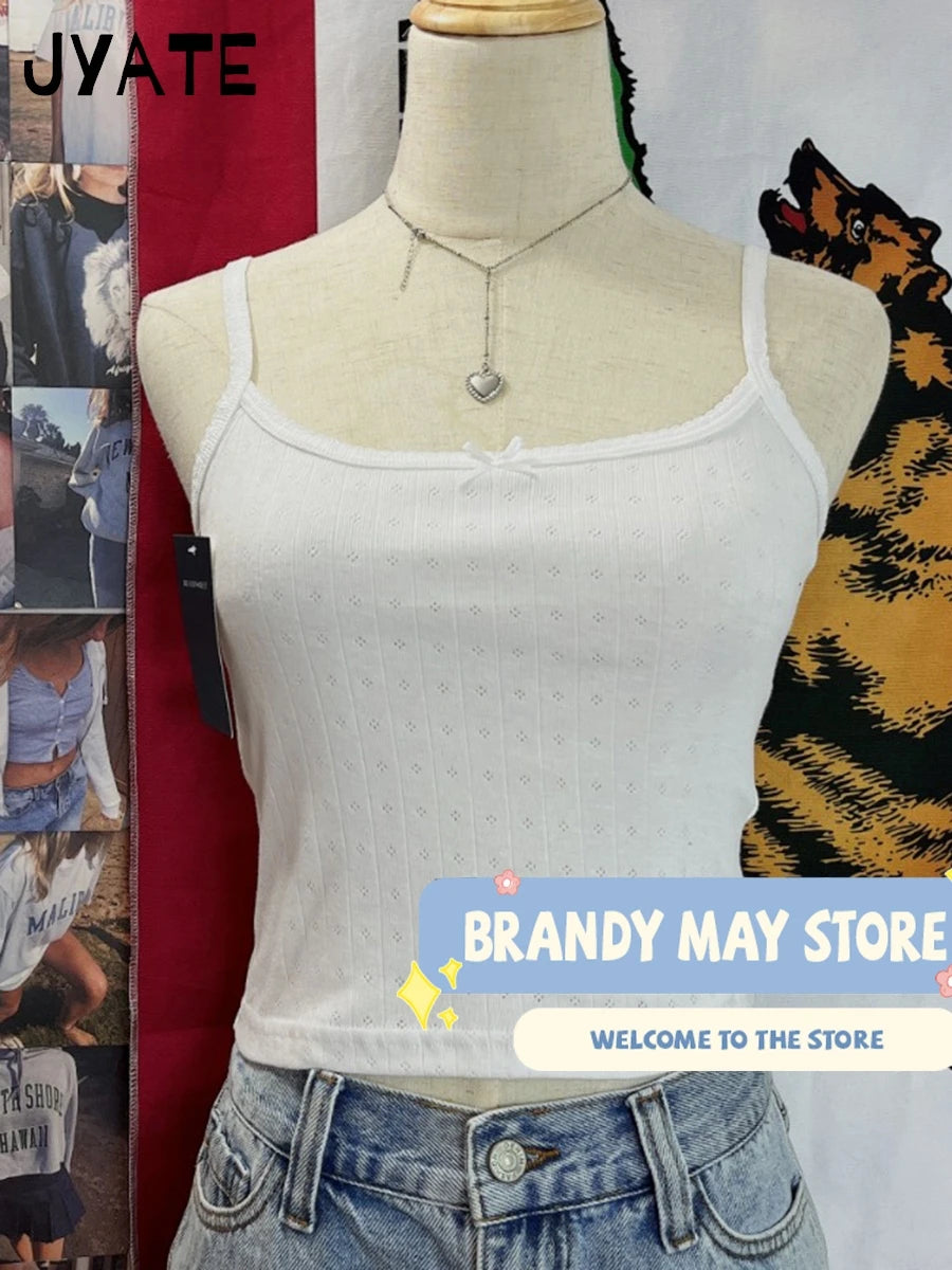 Basic White Eyelet Bow Tank Tops Women Summer New Cotton Soft Casual Slim Sleeveless Cropped Vest Sweet Chic Cute Cozy Camis Y2K
