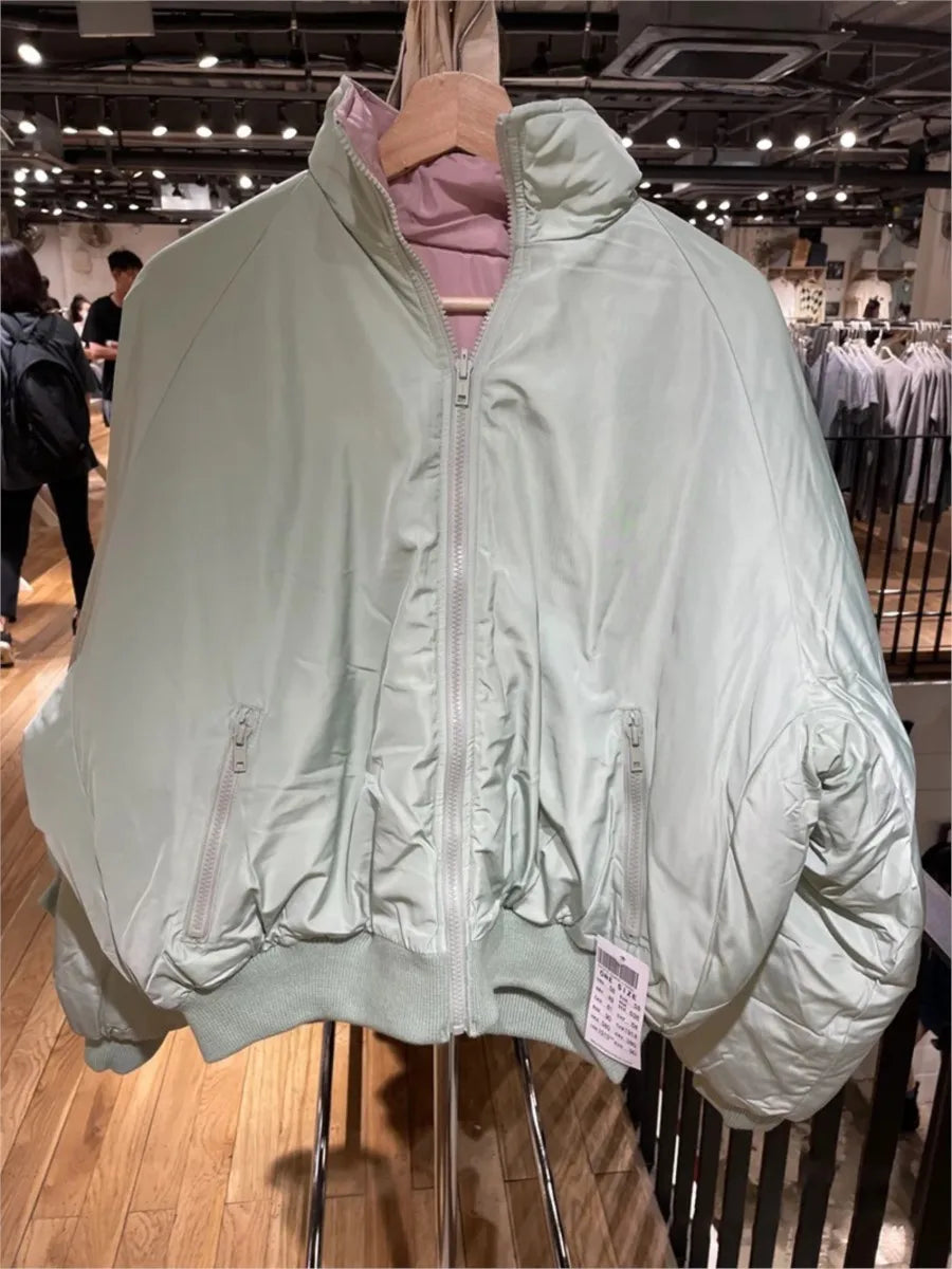 Sweet Double-sided Loose Jacket Women Stand Collar Solid Cotton Warm Casual Outerwear Street Vintage Chic Jackets Tops Female