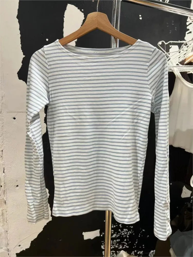 Vintage Striped Sexy Slash Neck Slim T Shirt Women Casual Streetwear Cotton Long Sleeve Tees Casual Sweet Basic T-shirts Y2K New