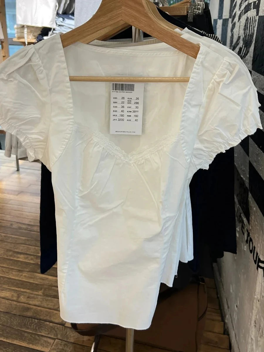 White Lace Trim Short Puff Sleeve Tees Women Summer Cotton Back Lace-up Square Collar T-shirt Blouse Sweet Cute Casual Crop Top