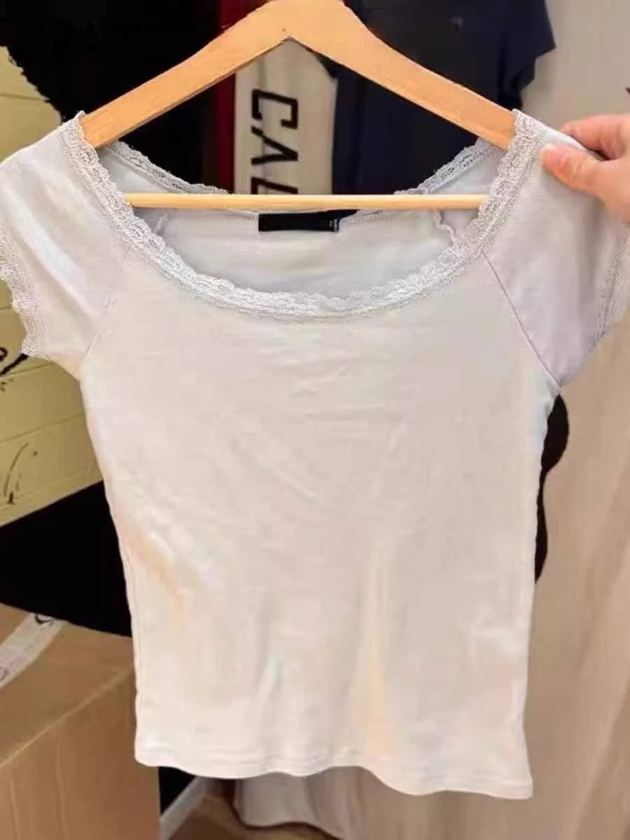 Blue Lace Trim Slim Slash Neck T-shirts Female New Cotton Casual Simple Short Sleeve Tees Vintage Chic Sweet Tops Women Clothes