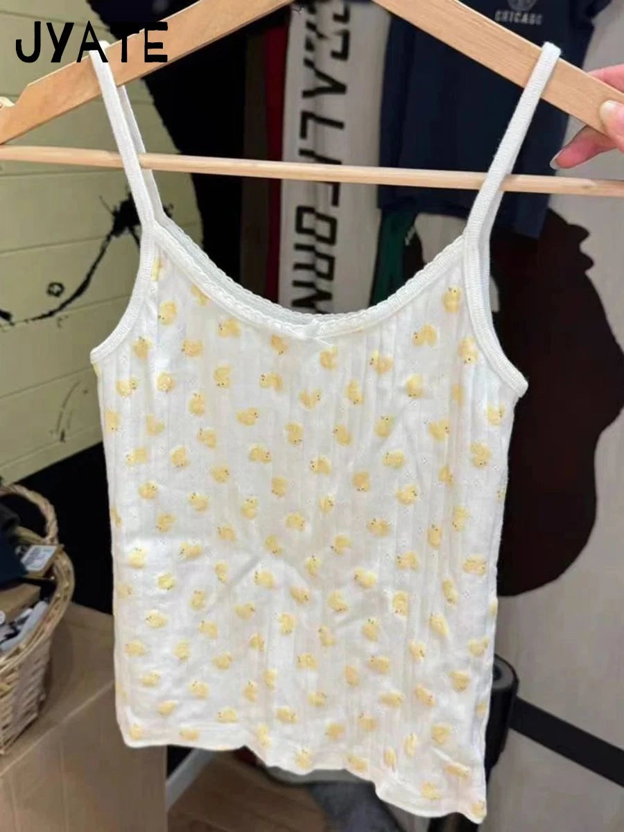 New Cute Little Deer Print Camisole Women Summer Cotton O-neck Simple Casual Slim Cropp Vests Sweet Vintage Chic Tank Tops Y2K