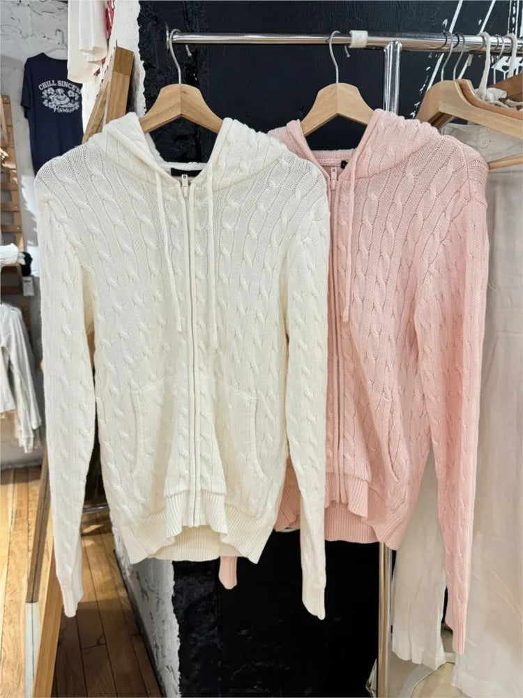 Sweet Twisted Flower Knitted Cardigan Sweater Women Long Sleeve Drawstring Hooded Zipper Streetwear Cute Sweaters Coat Y2K Tops