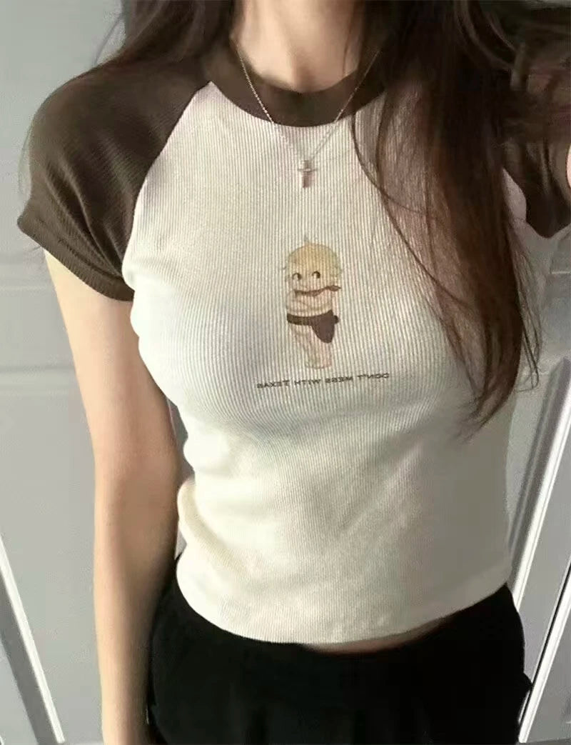 Classic Letter Print T-shirts Women Summer Cotton Soft Slim O-neck Short Sleeve Tees Female Vintage Streetwear Sweet Crop Tops