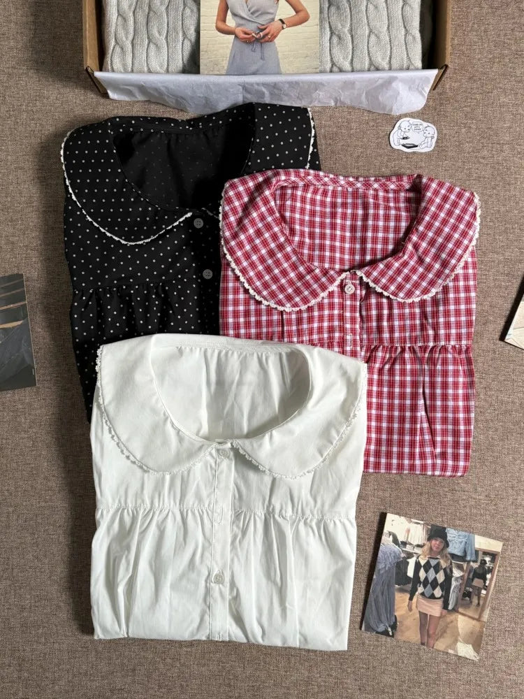 Black Polka Dot Peter Pan Collar Blouse Women Casual Streetwear Buttons Short Sleeve Tees Sweet Preppy Style T-shirts Y2K Tops