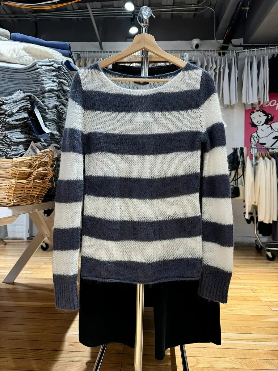Vintage Striped Hollow Out Mohair Long Sleeve T-Shirt Women Sweetwear Scoop Neck Cotton Thin Smock Sweet Cute Tee Shirt Tops Y2K
