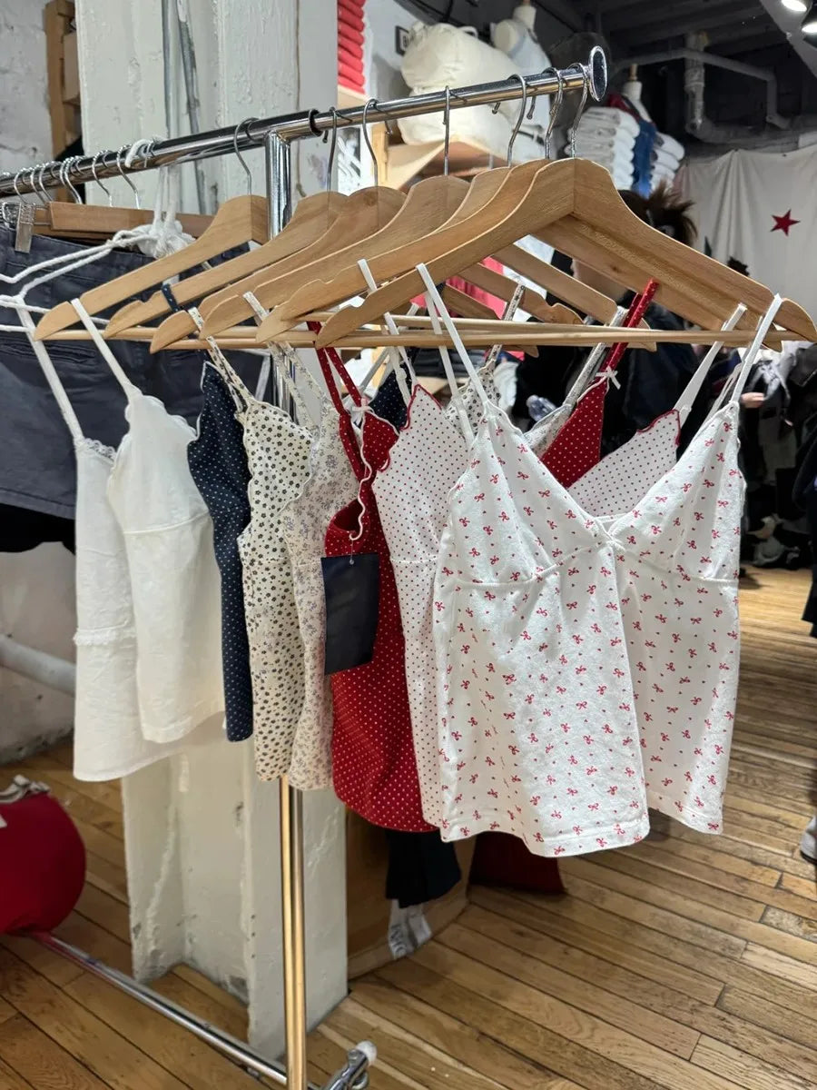 Red Bow Fungus Trim Bow Tank Tops Women New Cute Casual Cotton Slim V-neck Sleeveless Camis Girl Sweet Preppy Style Y2K Crop Top