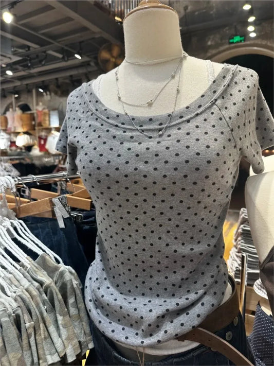 Polka Dot Gray Slash Neck T-shirt Women Casual Preppy Style Slim Short Raglan Sleeve Cotton Tee Shirts Vintage Sweet TshirtsY2K