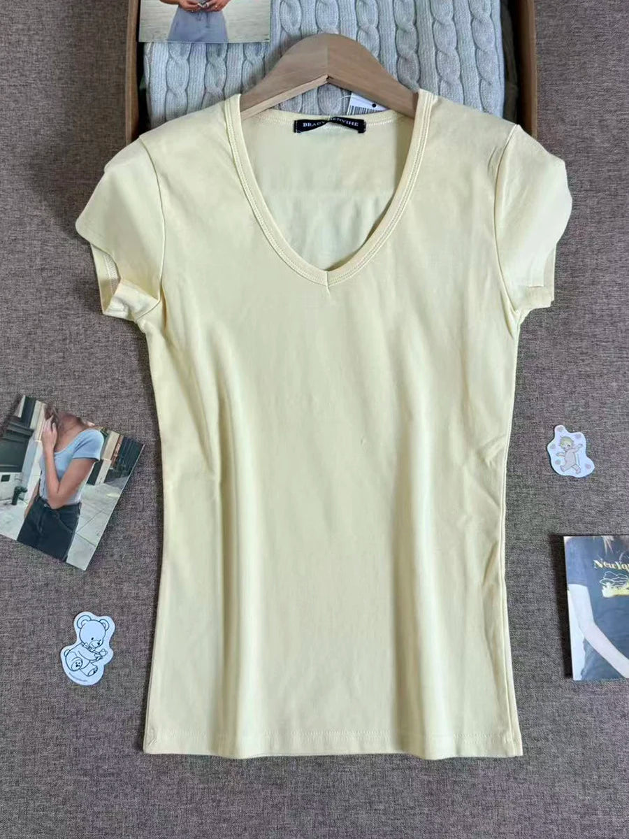 Solid V-neck Short Sleeve Tees Women Casual Streetwear Slim Cotton Tops Clothes Simple Basic Preppy Style T-shirts Y2K
