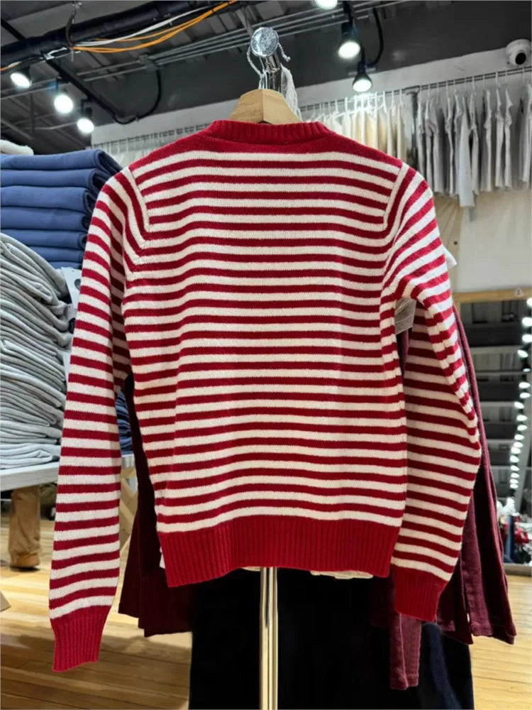 Sweet Red Striped Knitted Sweater Cardigan Women Round Neck Single Breasted Cotton Knitwear Preppy Style Sweaters Coat Tops Y2K