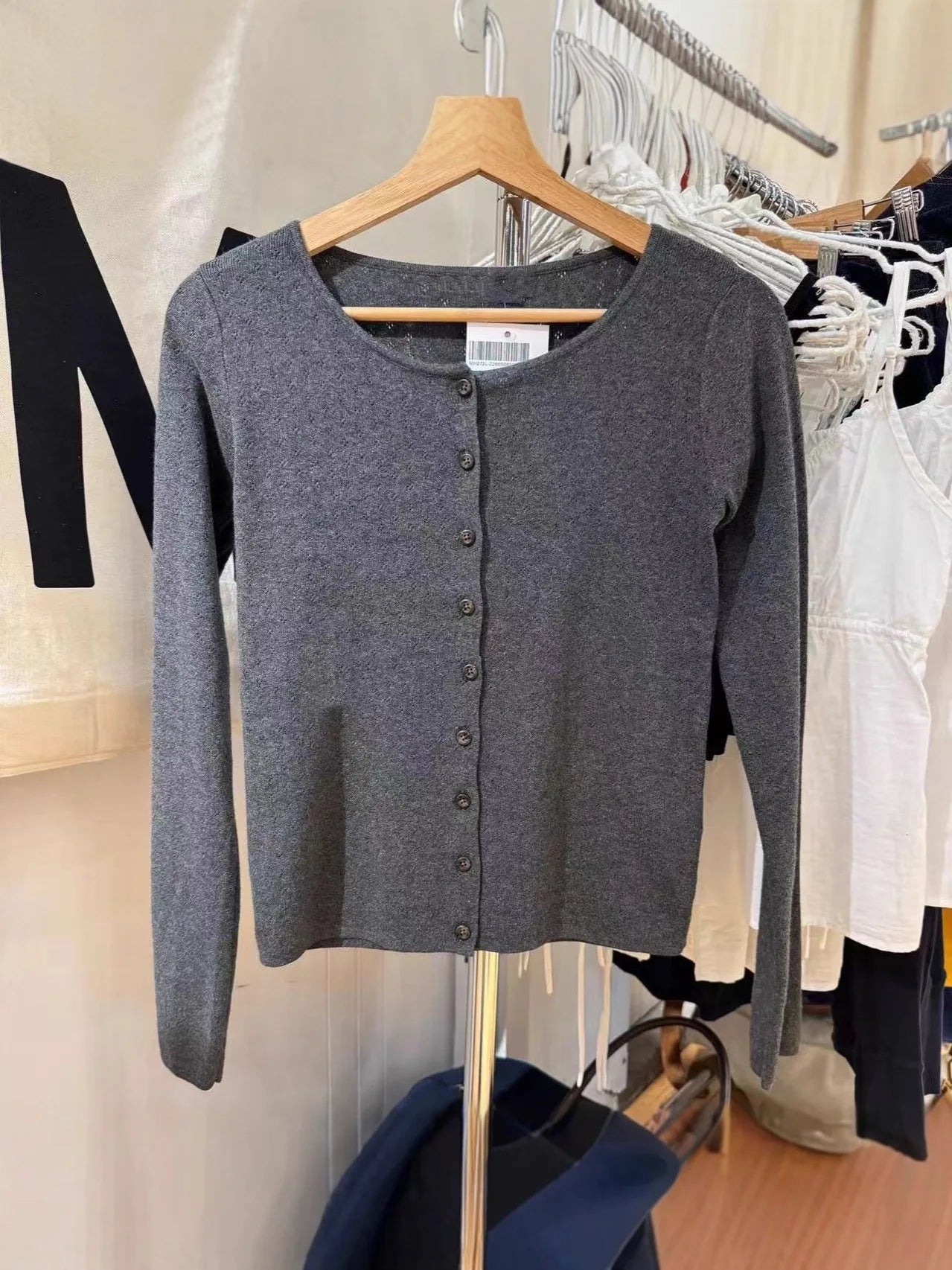 Eyelet Drak Gray Cotton Cardigan Women Autumn Casual Streetwear  Buttons Knitted Long Sleeve Tees Simple Sweet Basic Tops New