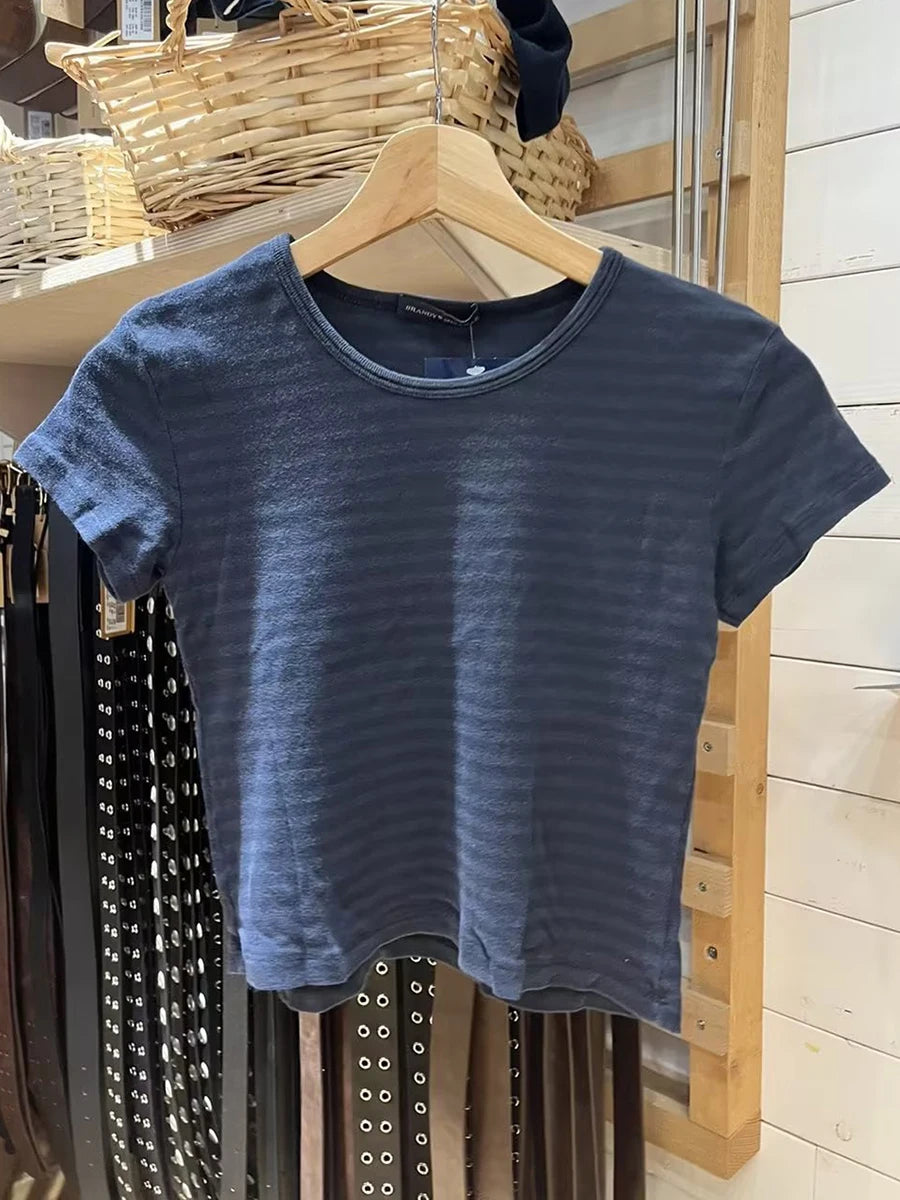 Sweet Pink Striped Slim T-shirt Women Spring Round Neck Cotton Short Sleeve Tee Shirts Female Cute Preppy Style Y2K T shirts New