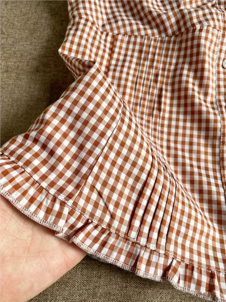 Retro Plaid Slim T-shirts Blouse Women Ruffles Single Breasted V-neck Short Puff Sleeve Shirt Vintage Preppy Style Sweet Tops