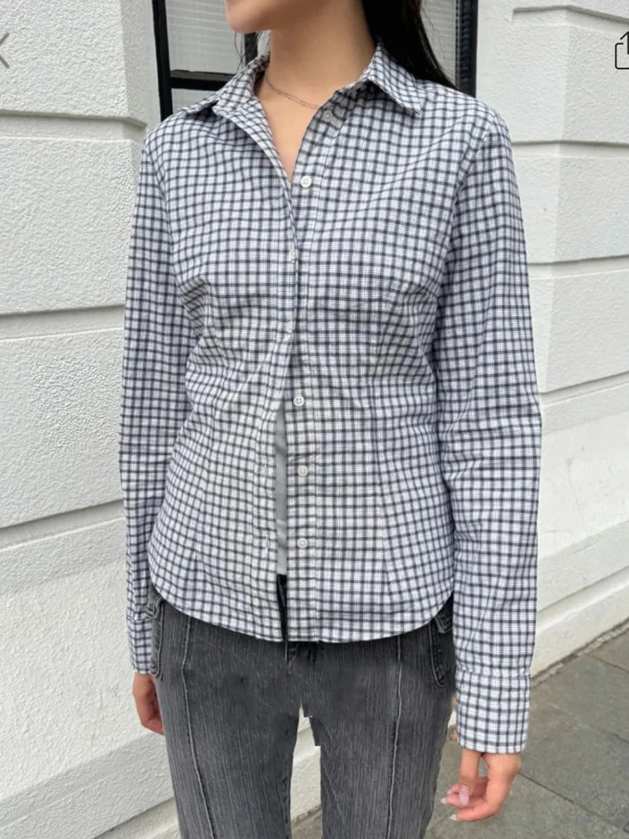 Casual Plaid Buttons Slim Blouse T-shirts Women Turn down Collar Long Sleeve Tees Girls Cute Sweet Preppy Style Y2K Crop Tops