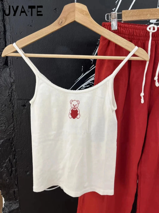 Cute Strawberry Bear Print Tank Tops Women Summer New Cotton Slim Casual Sleeveless Cropped Vests Sweet Preppy Style Camis Y2K