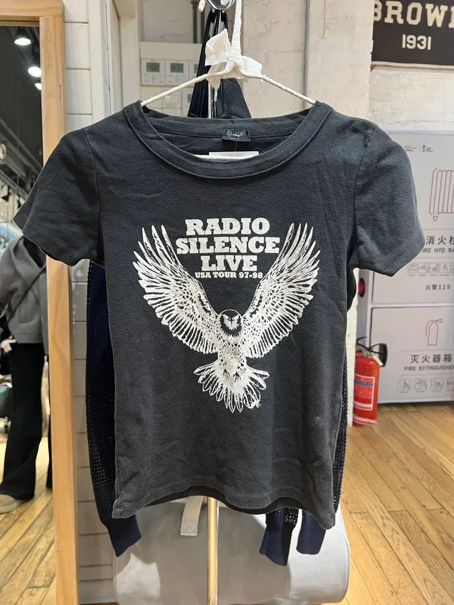 American Vintage Crop Top Women Streetwear Crew Neck Cotton Slim Short Sleeve T-shirts Fashion Black Eagle Print Tops Tees Y2k