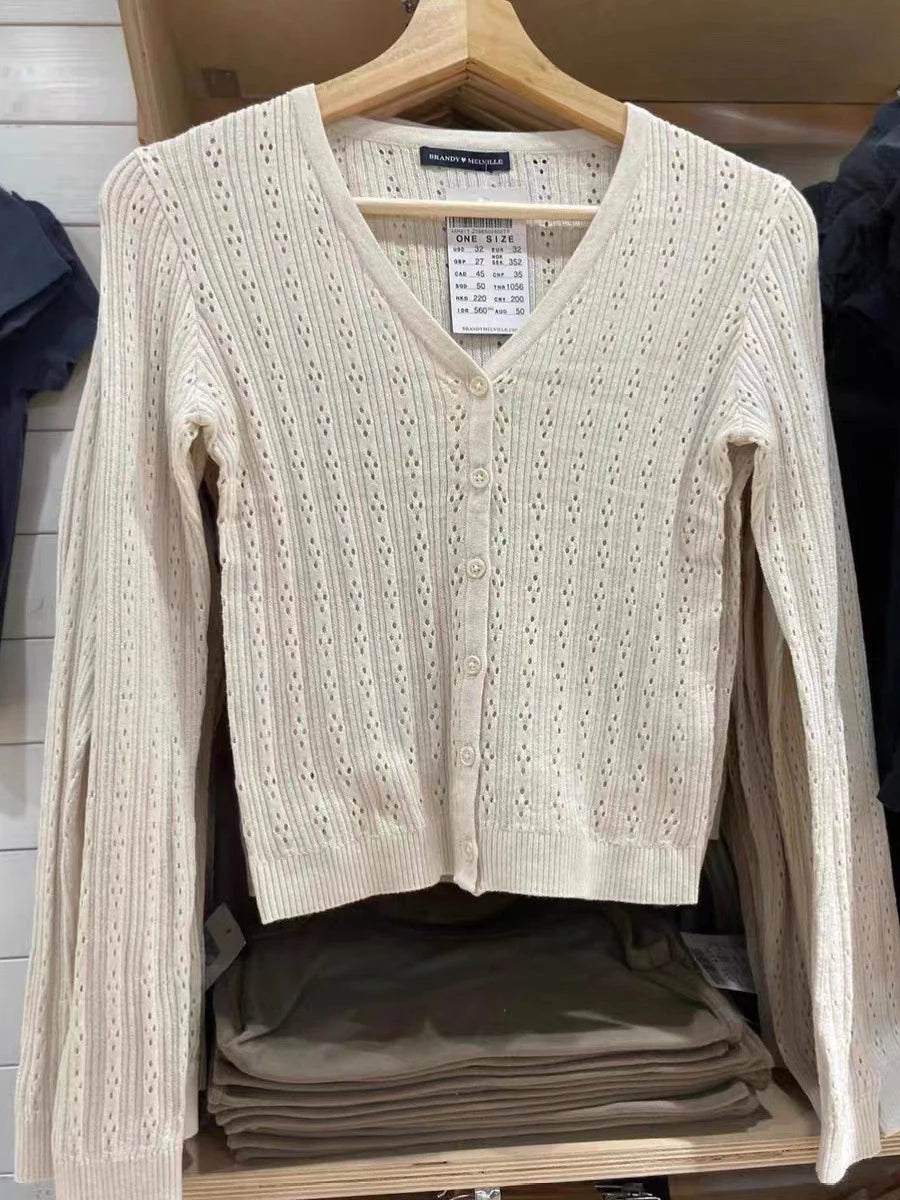 Hollow Out Solid Knitted Tops Women 2025 Spring Sexy V Neck Cotton Long Sleeve T-shirt Female Vintage Simple Cute Crop Top Chic