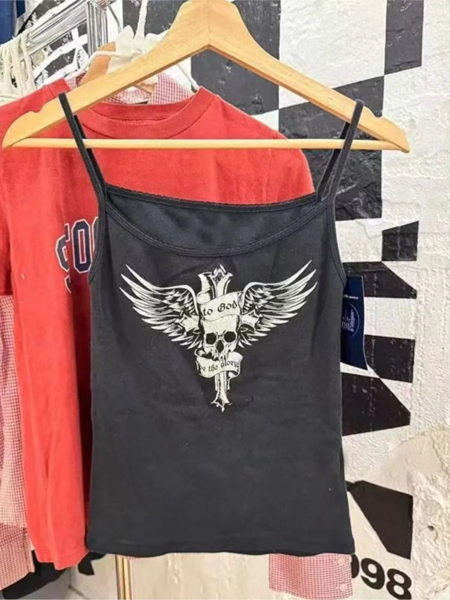 Black Harajuku Skull Print Sleeveless Vests Women Cotton Streetwear Casual Camis Clothes Vintage Chic Preppy Style Y2K Tank Tops