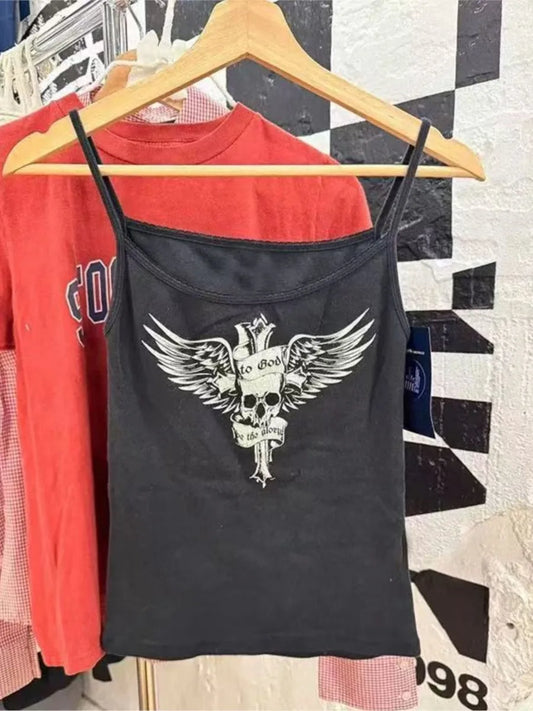 Black Harajuku Skull Print Sleeveless Vests Women Cotton Streetwear Casual Camis Clothes Vintage Chic Preppy Style Y2K Tank Tops