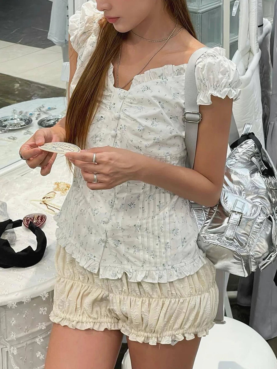Blue Striped Folds Blouse Top Women New Casual Single Breasted Ruffle Sleeveless Tank Tops Vest Sweet Preppy Style Camisole Y2K
