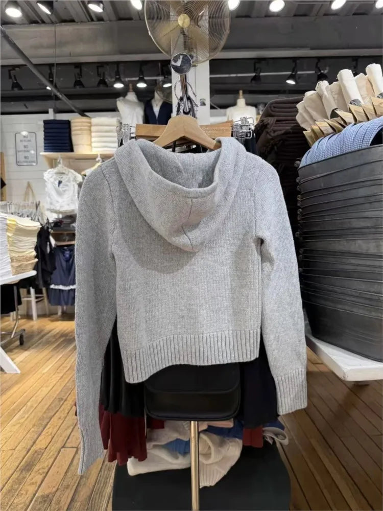 Autumn Gray Cotton Crop Sweater Cardigan Women Buttons Slim Hooded Long Sleeve Knitted Hoodie Cute Preppy Style Sweet Sweaters