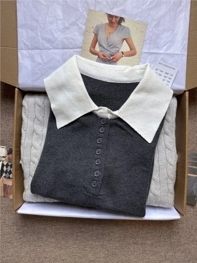 Gray Buttons Knitted Tops Women Summer New Cotton Casual Patchwork Turn-down Collar Tees Female Sweet Preppy Style T-shirts Y2K
