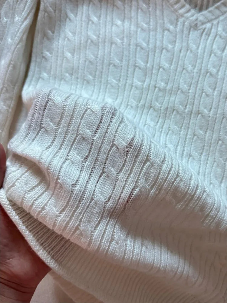 Twisted Flower Thin Knitted Sweater Women Spring Beige Raw Hem V-Neck Long Sleeve Jumpers Sweet Cute Preppy Style Sweater Top