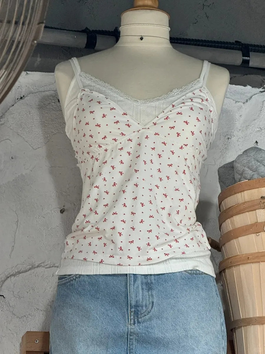 Red Bow Fungus Trim Bow Tank Tops Women New Cute Casual Cotton Slim V-neck Sleeveless Camis Girl Sweet Preppy Style Y2K Crop Top