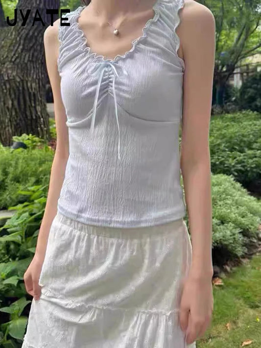 Sweet Blue Ruffles V-neck Cropped Vests Women Summer Casual Slim Folds Bow Sleeveless Tank Tops Sweet Preppy Style Camisole Y2K