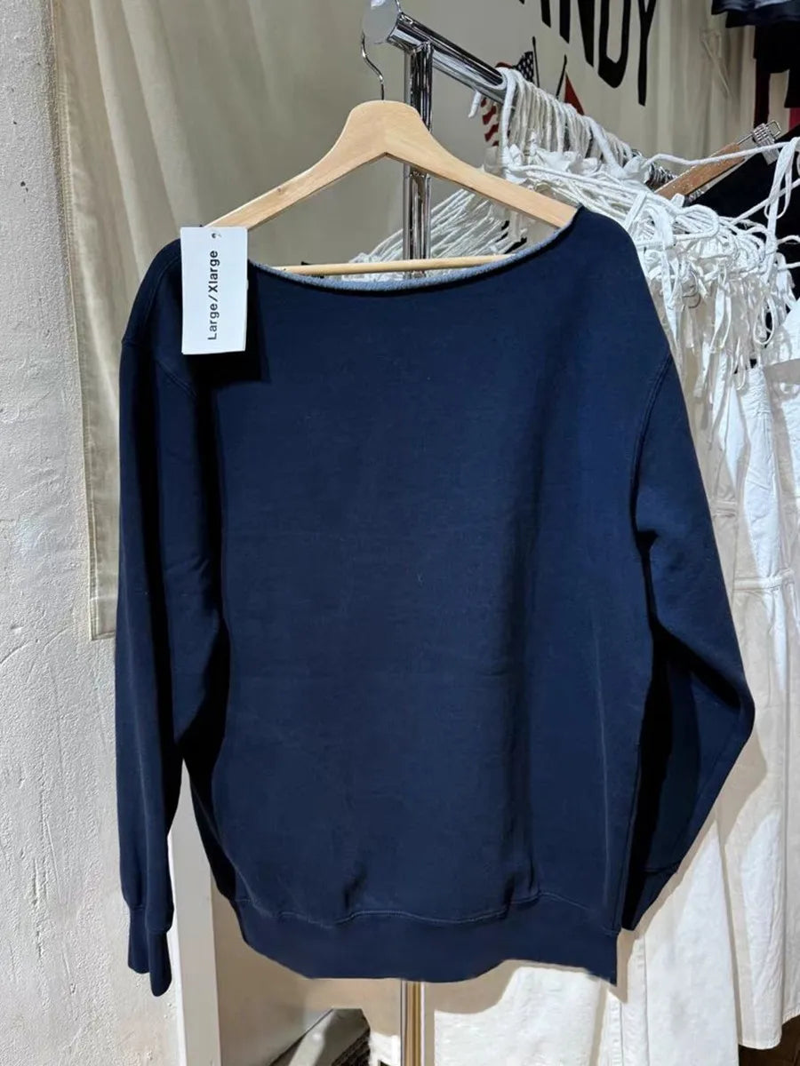 Letter Embroidery Scoop Neck Sweatshirt Women Autumn Streetwear Long Sleeve Cotton Loose Pullover Vintage Oversized Y2K Hoodie
