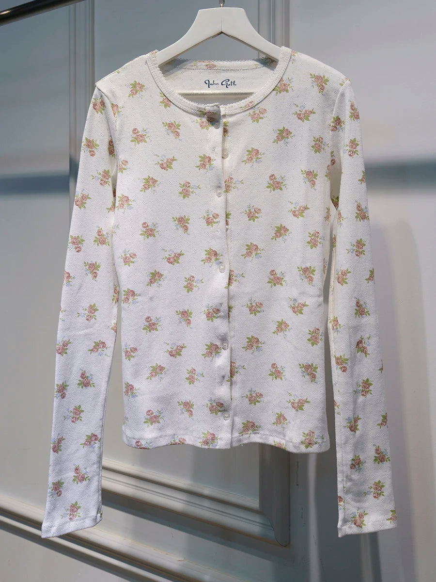 Eyelet Slim Single Breasted T-shirt Women Autumn Preppy Style O-neck Cotton Long Sleeve Tee Shirts Cute Vintage Sweet Tops Y2K