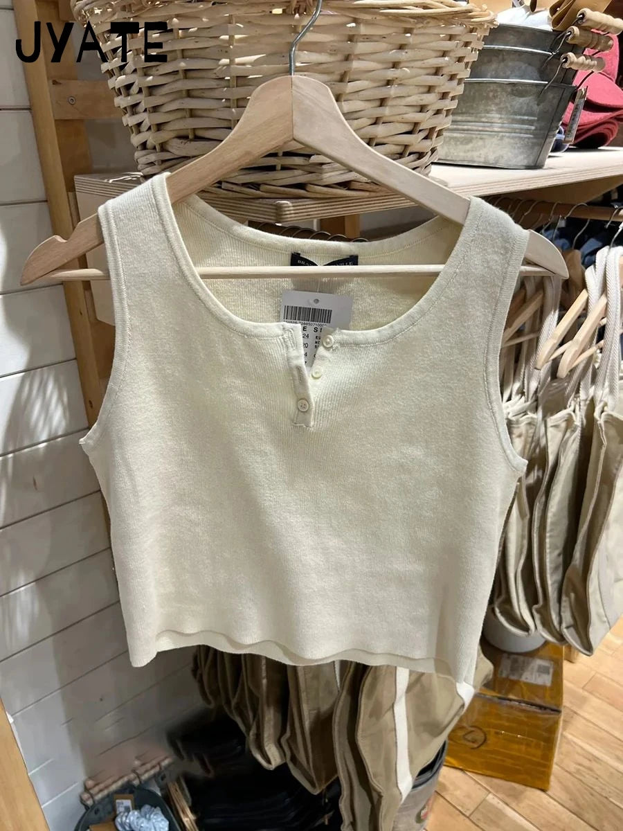 Beige Button O-neck Basic Tank Tops Women Summer Casual Cotton Soft Cute Preppy Cropped Vests Vintage Chic Sweet Camisole Y2K