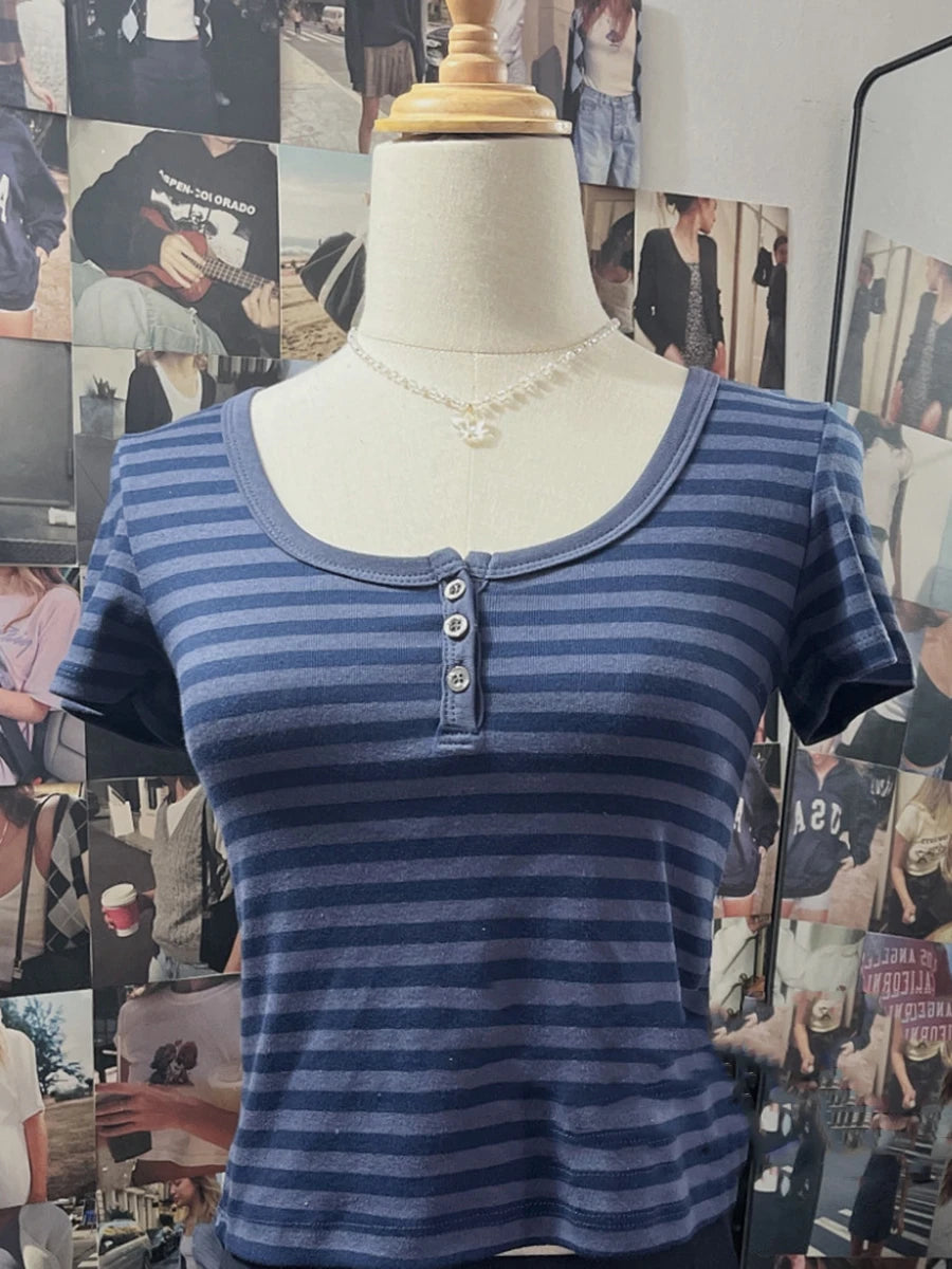 Pink Striped Slim Buttons T-shirts Women New Cotton O-neck Casual Simple Basic Short Sleeve Tees Sweet Cute Girls Tshirt Y2K Top