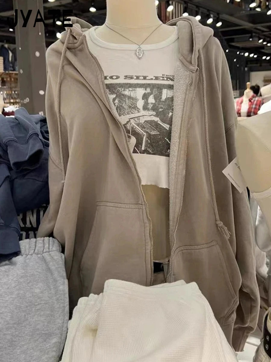 Vintage Solid Cotton Zipper Hooded Sweatshirts Women Pockets Drawstring Basic Loose Hoodie Tops Casual Simple Chic Hoodies Coat