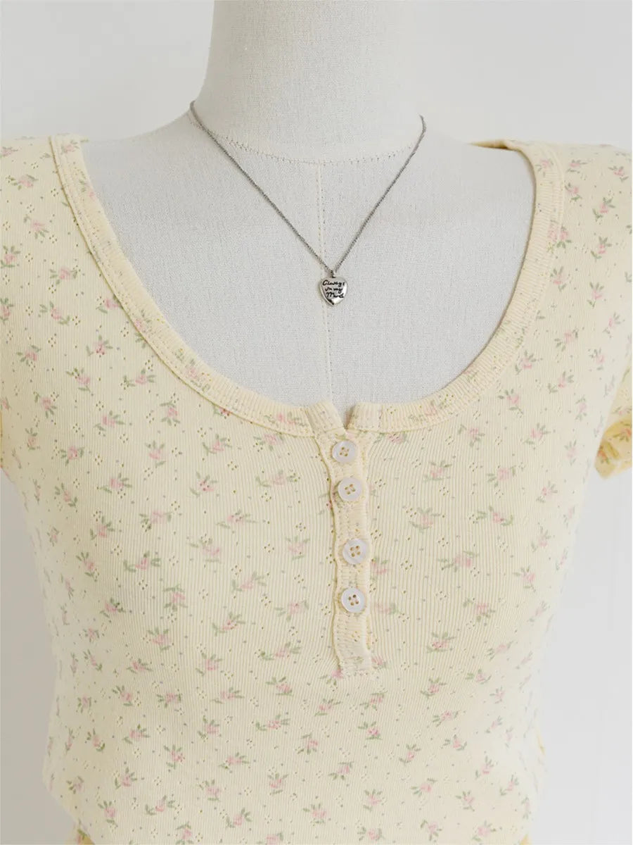 Yellow Floral Three Buttons Cotton T-shirt Women Casual Eyelet Short Raglan Sleeve Slim Tee Shirt Sweet Cute Simple Y2K Crop Top