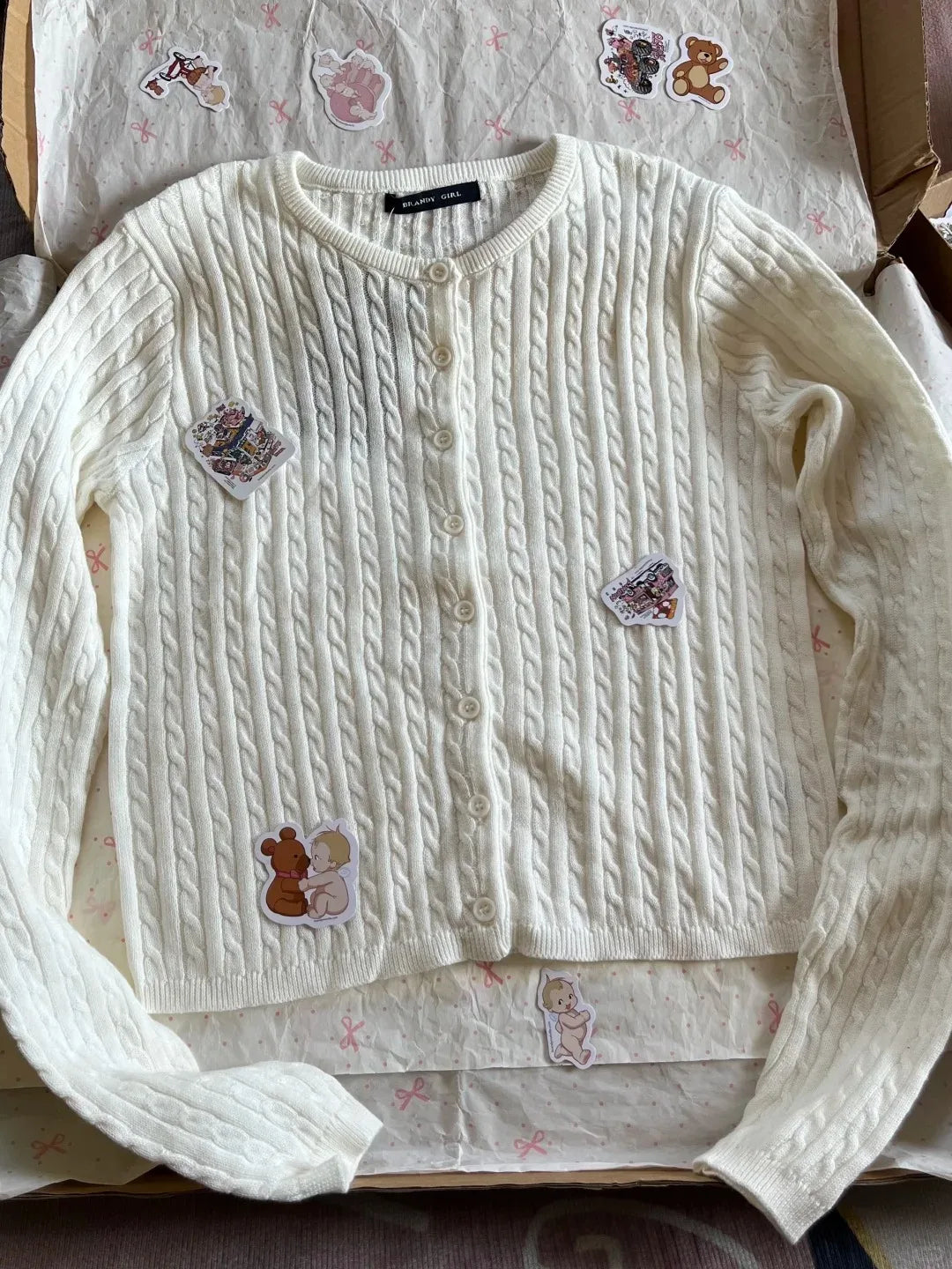 Twist flower Knitted Sweater Cardigan Crew Neck Single Breasted Long Sleeve Slim Coat Vintage Streetwear Simple Crop Top Y2K