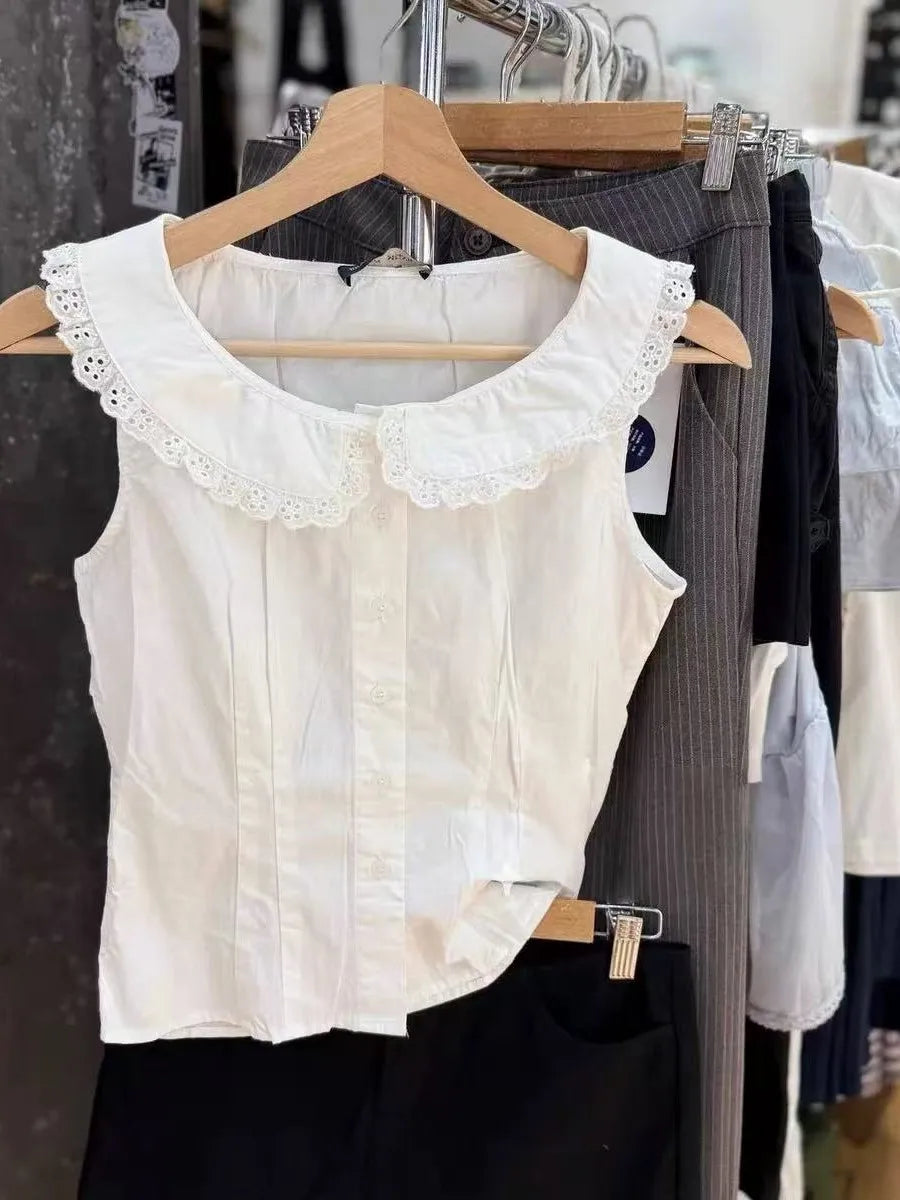 White Lace Trim Button Tank Tops Women Summer New Streetwear Slim Cotton Crop Top Female Sweet Casual Preppy Style T-shirts Y2K