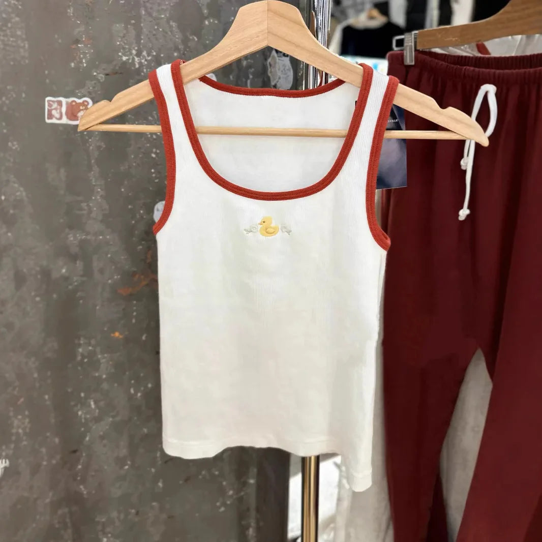 New Duck Embroidered Tank Top Women Spring Casual Preppy Style Slim Red Hem U-neck Sleeveless Camis Cute Sweet Vintage Vests Y2K