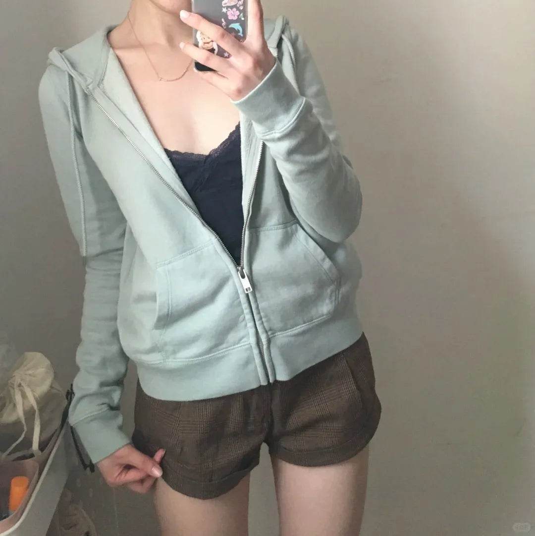 Sweet Electric Blue Zipper Hoodies Women Autumn Pockets Drawstring Hoodie Tops Vintage Loose Preppy Style Y2K Sweatshirts Coat