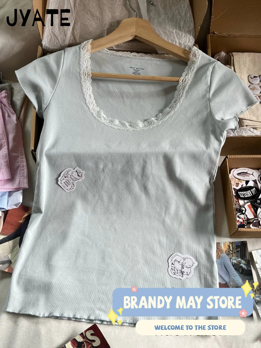 Sweet Lace Trim Pink T-shirts Women Summer New Casual Cotton Soft U-neck Short Sleeve Tees Cute Vintage Preppy Style Tops Y2K