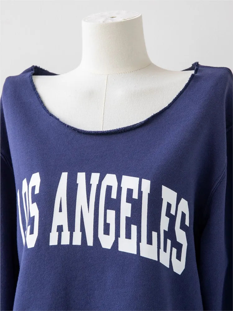 Vintage Letter Print Oversized Sweatshirt Women Autumn Scoop Neck Long Sleeve Cotton Loose Pullover Sexy Street Chic Hoodies Y2K